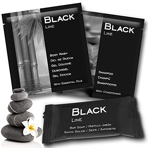 GPQ - Amenities Pack BLACK Line Gel + Champu + Pastilla Jabón | 100 Ud. x 3 Product. | Con Aceite Esencial, Sin Parabenos | Hotel, Casa Rural, Apartamento, Crucero, AirBnB, etc… | Fabricado en España