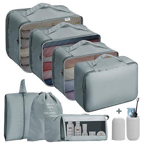 Jsdoin Cubos de embalaje para maleta, 9 organizadores de equipaje de viaje para mochila, bolsa de artículos esenciales de viaje impermeable, accesorios de viaje (gris)
