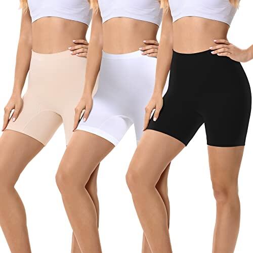 FALARY 3 Piezas Bragas Leggings Mujeres Cortos Boxer Shorts Bragas Pantalones Anti Fricción Pantalones Cortos para Running Yoga Negro Beige Blanco XL