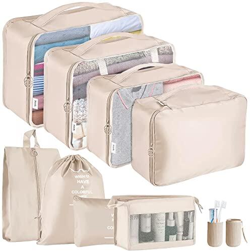 Jsdoin Cubos de embalaje para maleta, 9 organizadores de equipaje de viaje para mochila, bolsa de artículos esenciales de viaje impermeable, accesorios de viaje (beige)