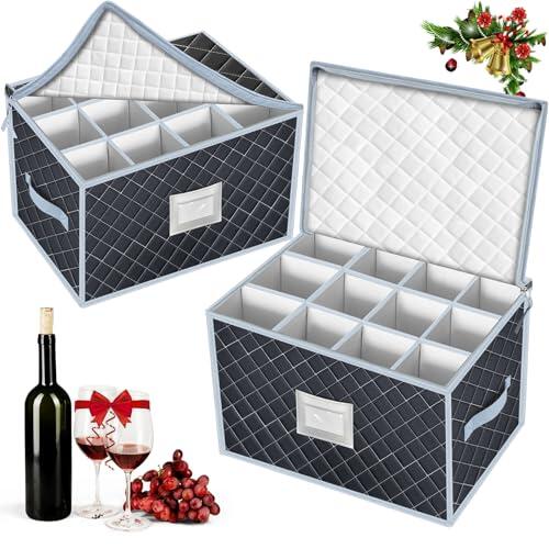 VERONLY Caja de Almacenamiento de Copas de Vino, Conjunto de 2 Piezas Cajas de Almacenamiento de Stemware para 24 Copas, Con Ventana Etiquetada, Ideal Para Cocina, Bodega y Coche (Gris)