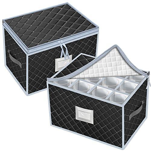 VERONLY Caja de Almacenamiento de Copas de Vino, Conjunto de 2 Piezas Cajas de Almacenamiento de Stemware para 24 Copas, Con Ventana Etiquetada, Ideal Para Cocina, Bodega y Coche (Negro)