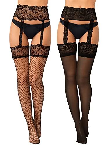 Geyoga 2 Pares de Medias con Liguero Altas de Tirantes de Encaje de Red de Liga Estampadas de Flor hasta Muslo para Mujer (Negro)