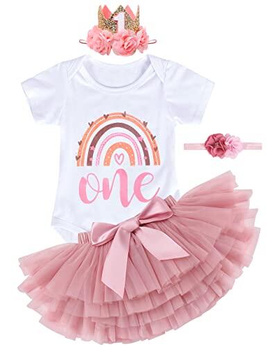 YYDSXK Conjunto Cumpleaños 1 Año Niña, Traje Primer Cumpleaños Bebés, 4 Piezas Set de Ropa Mameluco, Falda de Tutú Rosa, 2 Piezas Bebé Diadema, Bebé Niña Conjunto per la Fiesta, Fotografía