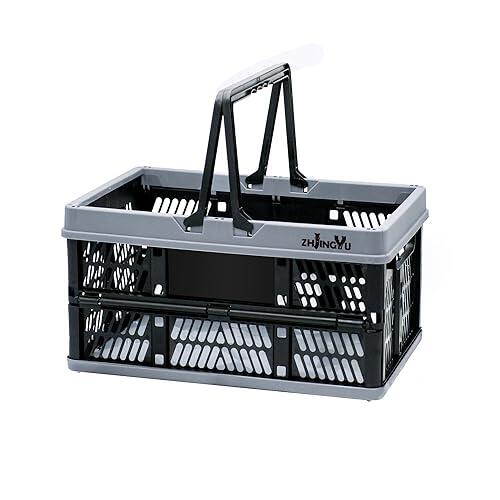 ZHJINGYU Caja Plegable Plastico con Mangos Suaves, 38 x 25 x20 cm, 20 I, Cesta Pástico para Cocina, Baño, Bebidas (Negro, Mediana)