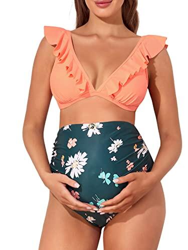 Summer Mae Traje de baño de Maternidad de Cintura Alta de Dos Piezas con Volantes, Traje de baño Floral con Cuello en V, Very Daisy, Medium
