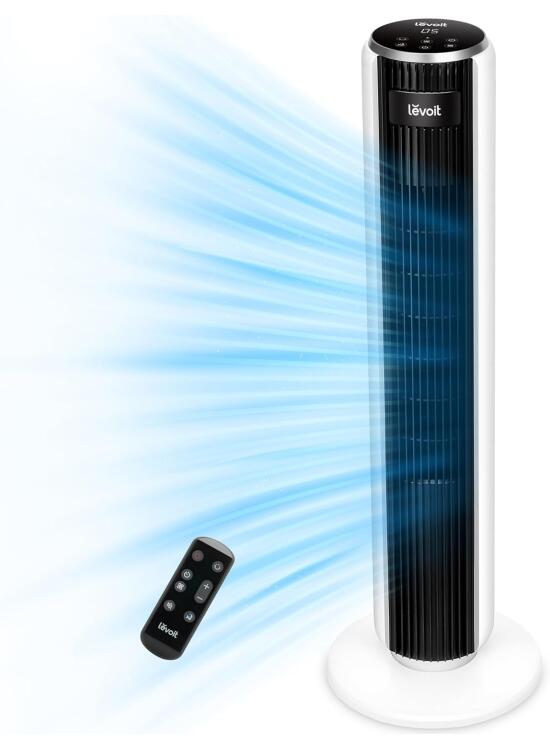 LEVOIT Ventilador de Torre con Mando a Distancia, Ventilador Silencioso 28dB y 39W, Oscilación 90° con 7m/s, 4 Modos 5 Velocidades, Temporizador 12 Horas, Fácil de Montar para Dormitorio