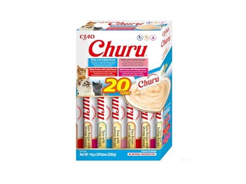 INABA Churu Snack para Gatos, Multipack Atún y Marisco, 20 Sticks x 14g | Snack Suave y Cremoso, Delicioso, Sticks para Lamer, Complemento para la Comida, Ingredientes Premium, Bajo en Calorías