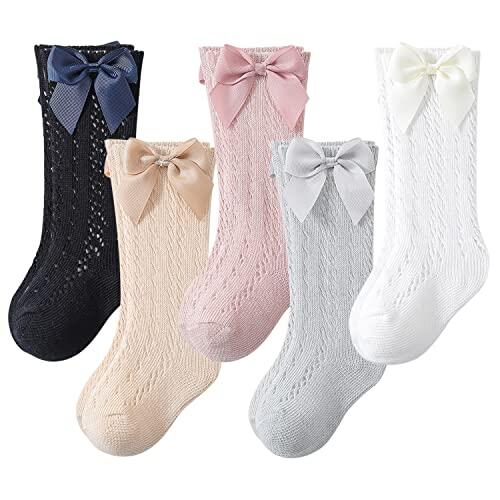 XPXGMT Pack de 5 calcetines de algodón hasta la rodilla calcetines bebé niña calcetines arco rodilla uniforme escolar calcetines 0-5 años, Estilo 3, 3-5 años