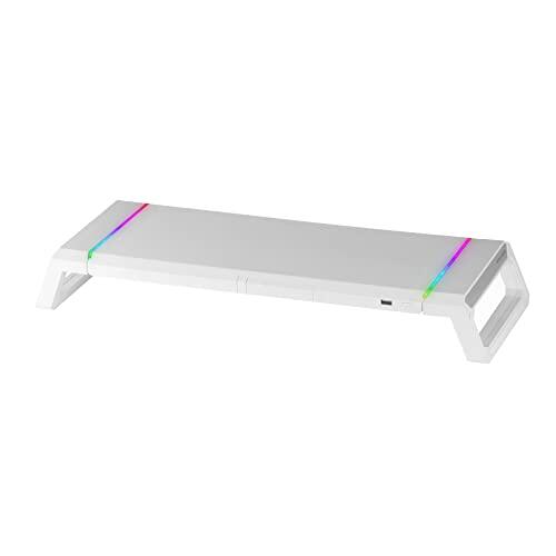 Mars Gaming MGS-ONE, Soporte Monitor RGB Chroma, Tamaño Ajustable 3 Posiciones, Soporte Smartphone y Tablet, Cajón Mulyifunción, USB 2.0 Frontal, Blanco