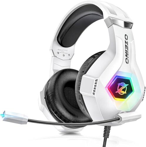 Ozeino Auriculares para juegos PS4 PS5 PC con sonido envolvente 3D con micrófono, auriculares cancelación de ruido, luces RGB para gamers