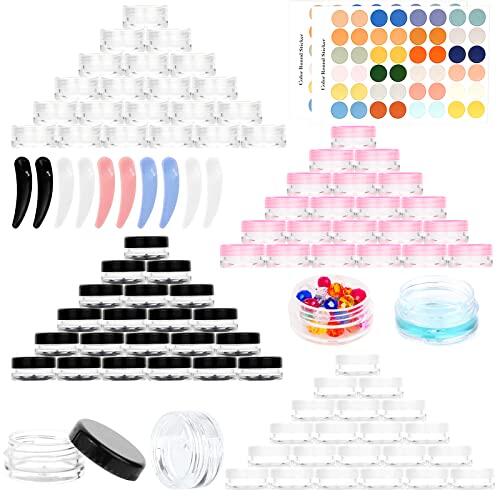 RUIJIE 100 Piezas Tarros de Plástico 3g/3ml Contenedores Cosmético de Viaje Envases de Vacío Pequeños Transparente con Tapas, Mini Espátulas y Etiquetas Adhesivas para Cosmética Crema Muestra Polvo