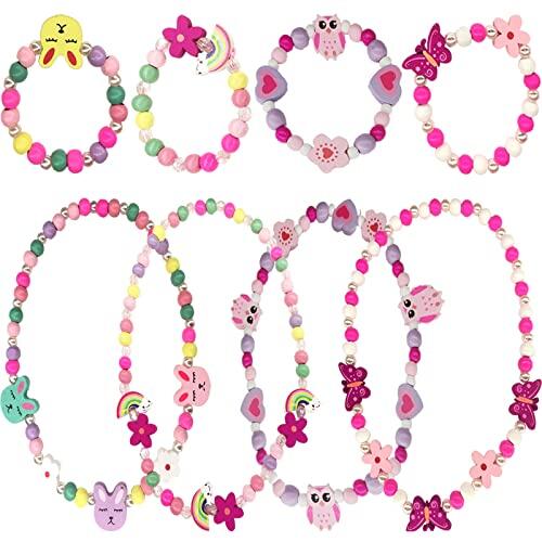 RUIJIR 4 Juego de Joyas Niños Contiene Collar Pulsera Niña Colorida Colgante de Madera Collar Pulsera Set Princesa Beads Regalo para la Fiesta de Cumpleaños Pretender