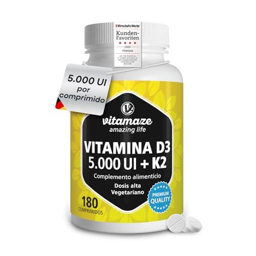 Vitamina D3 y K2 (5000 UI Vitamina D3 + Vitamina K2 100 Mcg), Apoya Sistema Inmunológico y Óseo, 180 Comprimidos Alta Biodisponibilidad, Calidad Alemana. Vitamaze®