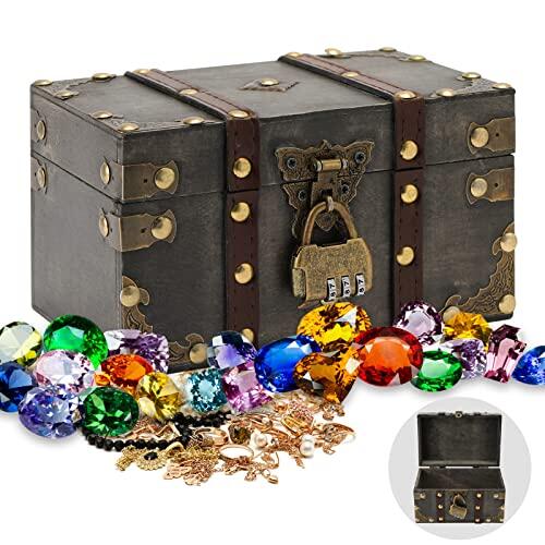 Cofre del Tesoro Pirata, 18*11.5*10.5cm Caja de Madera Vintage con Candado, Caja de Almacenamiento de Madera para Regalo, Decoración y Almacenamiento/Exhibir, Almacenar Collares, Aretes, Anillos
