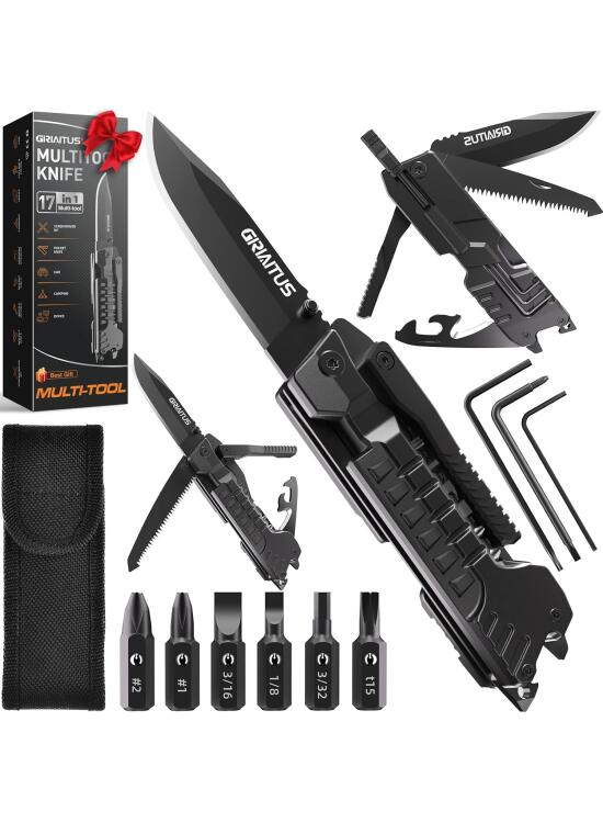 Navaja Multiusos 17en1 Herramientas Multiusos Cuchillo con Palillos para Encender Fuego, Abrelatas, Sierra, Silbato, Regalos para Hombres, Regalos Navidad, Regalo Papa
