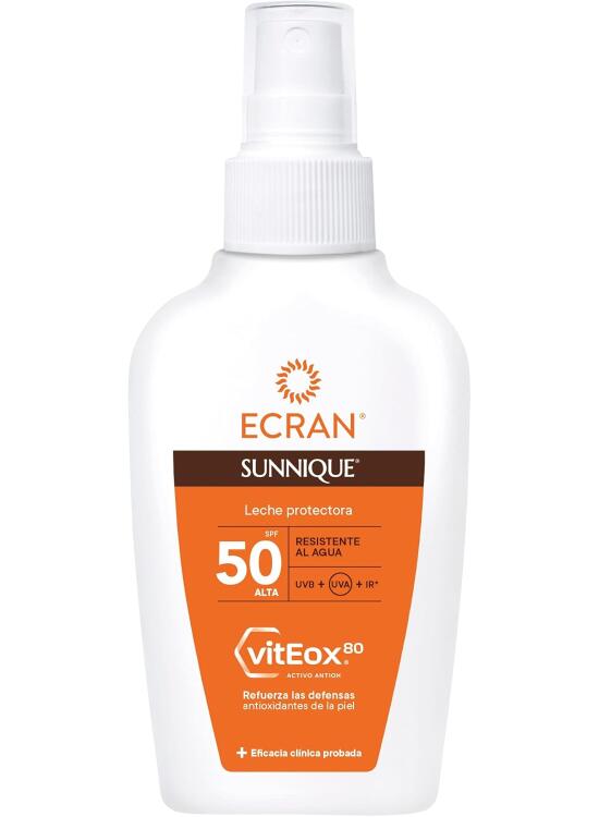 Ecran Sunnique - Spray Protector FPS 50 Formato Viaje, Protección UVB + UVA e IR-A, Refuerza las Defensas, Hidratación 24 h, Fórmula con VitEox 80, Resistente al Agua, para Toda la Familia - 100 ml