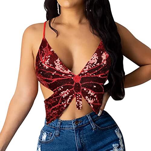 Top de baile del vientre para mujeres, camiseta de bandas de vendaje de lentejuelas de mariposa, Tubo sin espalda Tubo Tubrete Maneveless Vest para danza del vientre, danza latina, club de fiesta