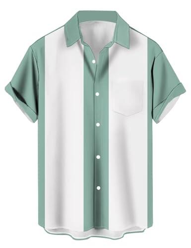 Camisa de Bolos Vintage para Hombre de los años 50, Estilo Retro Rockabilly, Manga Corta con Cuello Abotonado, Camisas Hawaianas Musicales, L