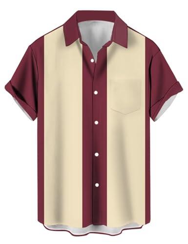 Camisas de Bolos Vintage para Hombre de los años 1950, Camisas Casuales de Manga Corta con Botones, Camisa contrastante de Verano con Bloques de Color, Camisas cubanas, L
