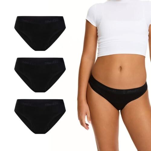 Modibodi Bragas Menstruales Niña Adolescente Flujo Medio 30ml Antifugas Reutilizable Algodón Hipster Bikini Ropa Interior Pack 3 Negro 10-12