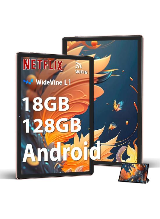 Tablet 10 Pulgadas Android 14 con 5G Wi-Fi 6, HD Tablet con 18GB RAM + 128GB ROM (TF 1TB), Widevine L1, 8 Cores 2.0 GHz, Bluetooth 5.0, 1280 * 800 IPS, USB-C, 6000 mAh, Oro Rosa