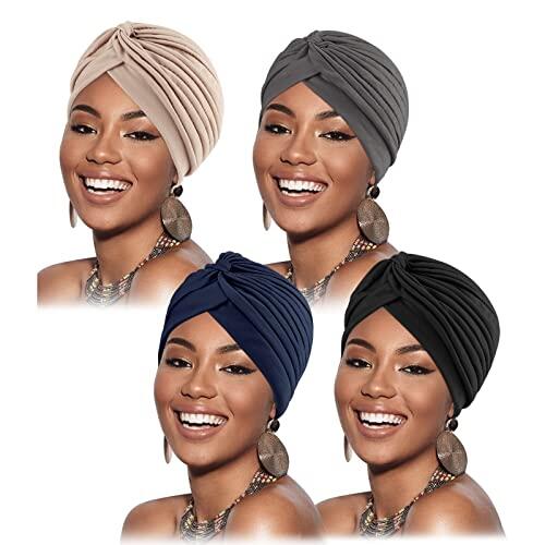 DRESHOW 4 Piezas Africano Turbante para Mujer Gorro de Nudo Pre Atado Suave Pañuelo de Cabeza Plisada de Moda Gorra de Dormi