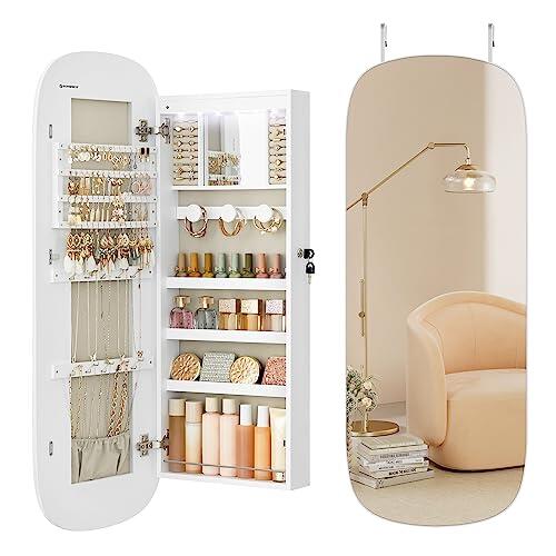 SONGMICS Armario para Joyas, Espejo Joyero de Pared, Organizador con Luz LED y Cerradura, Varios Compartimentos, para Pendiente, Collar, Superficie Blanca y Forro Gris Beige JJC026W01