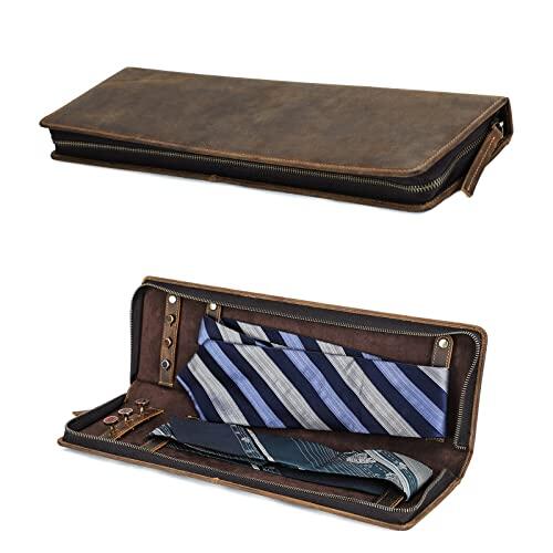 Hiram Caja de almacenamiento de corbatas, de piel auténtica, organizador de corbatas portátil para viajeros de negocios, 4003-café, For 2 Ties, Estuche para corbata