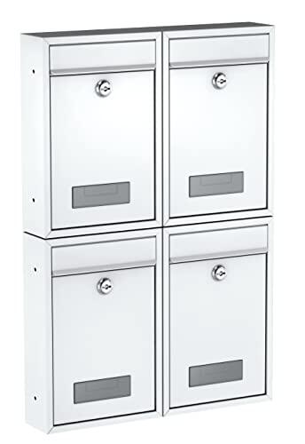 BASI Juego de 4 buzones de pared de acero, color blanco mate, con placa para nombre, cerradura cilíndrica con 2 llaves cada una, incluye material de fijación, sistema de buzón, 4 unidades