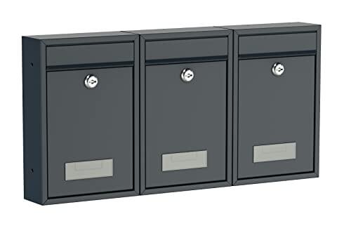 BASI Juego de 3 buzones de pared de acero, color antracita mate, con placa para nombre, cerradura cilíndrica con 2 llaves, incluye material de fijación, sistema de buzón, 3 unidades
