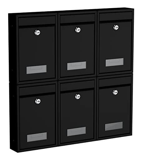 BASI Juego de 6 buzones de pared de acero, color negro mate, con placa para nombre, cerradura cilíndrica con 2 llaves cada una, incluye material de fijación, sistema de buzón, 6 unidades