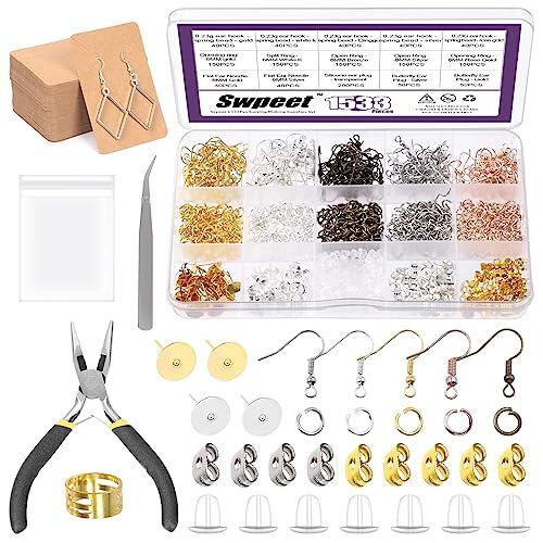 Swpeet Juego de 1430 pendientes hipoalergénicos con 10 estilos, con anillos de salto abiertos, suaves y transparentes de silicona para pendientes y pendientes pesados, seguros
