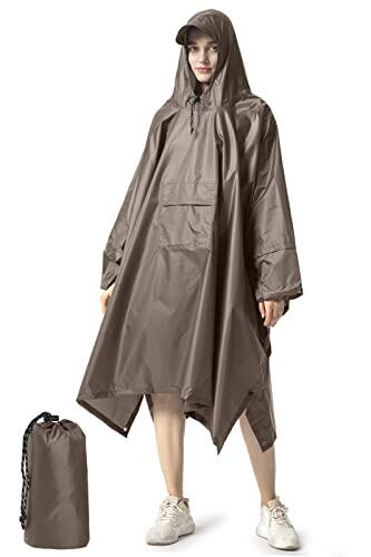 NUUR Poncho de lluvia para mujer, unisex, capa con capucha impermeable y reutilizable para festivales, senderismo, ciclismo, exterior, multiusos, marrón, Talla única
