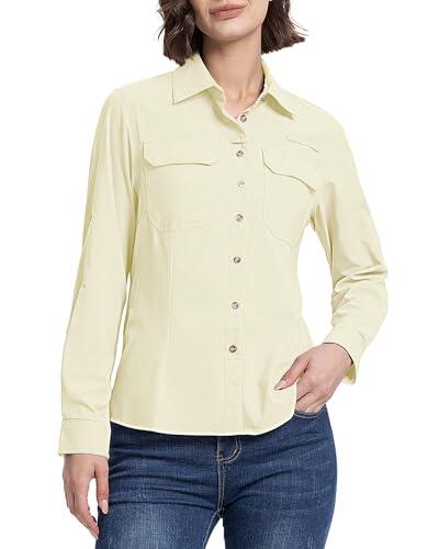 33,000ft Camisa de mujer UPF50+ Protección UV Camisa de exterior Secado rápido Camisa de ocio Manga larga Camisa funcional Camisa de senderismo para pesca, safari, viajes, golf, amarillo claro, M