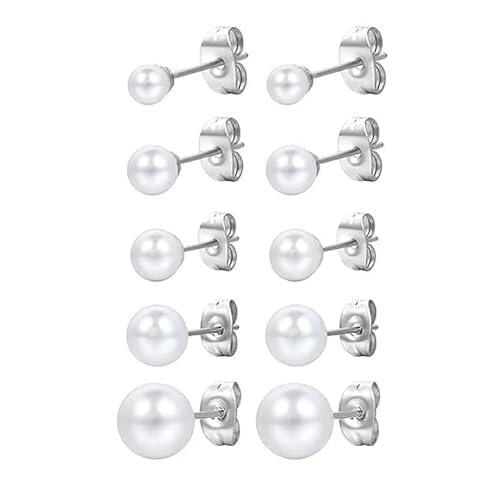 PlandleLee 5 Pares Pendientes de Botón para Mujer en Plata de Ley 925 con Perlas de Agua Dulce, Pendientes de Perlas Blanca, Clásicos Pendientes Plata Perlas Naturales Hipoalergénicas (4-8mm)