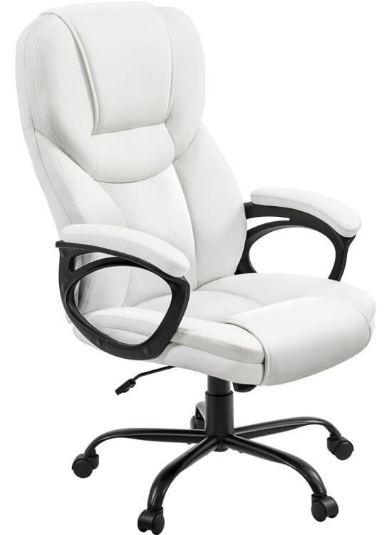 Yaheetech Silla de Oficina de Piel Sintética con Respaldo Alto Ergonómico Soporte Lumbar Altura Ajustable Silla de Escritorio Base de Metal Resistente Blanco