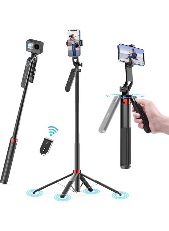 180CM Tripode para Movil, Ulanzi Selfie Stick Quad Trípode con Control Remoto, 360 ° de rotación de Aluminio Extensible Trípode del teléfono móvil de pie, Compatible, iPhone, Samsung, Xiaomi