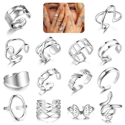LOLIAS 16 Piezas Anillos Mujere Acero Inoxidable Anillos Mujer Plata Ajustable Anillo de Apilamiento Aneis Aço Inoxidável Mulher Anillo Pie para Mujeres