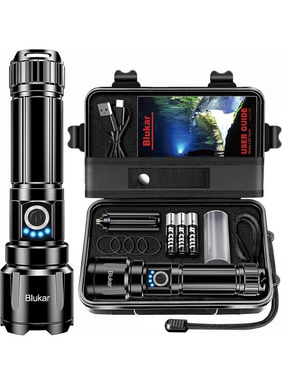 Blukar Linternas LED Alta Potencia, Recargable Linternas con 5 Modos de Luz, Zoomable, Impermeable Portátil Linterna para Camping/Senderismo/Al aire Libre/Emergencias