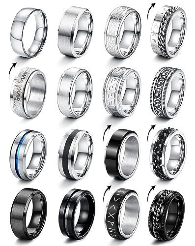 CASSIECA 16 Piezas Anillos Hombre Plata Negro Acero Inoxidable Anillos Giratorios Anillo Antiansiedad Boda Anillo Compromiso para Hombre Mujeres