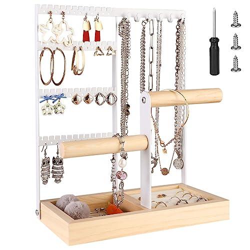 Mkitnvy Soporte para joyas,Expositor de Joyas con Bandeja, Combinación de madera y metal para Joyas de MaderaCollares Pulseras Mascarillas Pendientes Joyero Colgante