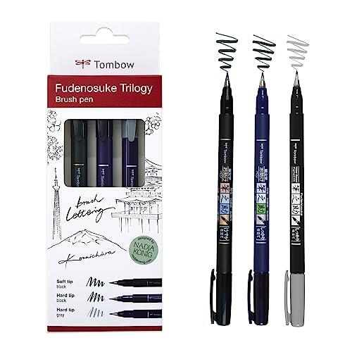 Tombow Set Fudenosuke Trilogy, Contenido: 3 Fudenosukes punta dura, flexible y gris, para caligrafía, lettering, bocetos, WS-BHS-3P