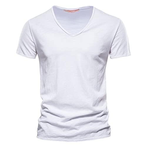 Camiseta de algodón para hombre, cuello de pico, manga corta, corte ajustado, monocolor, verano, manga corta, camiseta deportiva elástica y de secado rápido, M-3XL, Blanco, M
