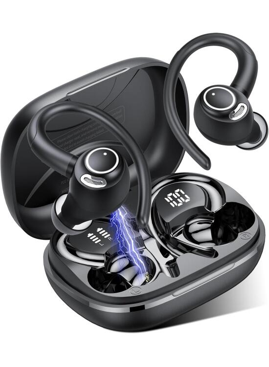 Jesebang Auriculares Inalámbricos Deportivos, Auriculares Bluetooth 5.3 con HD Micrófono, Sonido Premium, 40H de Reproducción, Pantalla LED, Cómodos de Llevar, Cascos Inalambricos con Gancho, Negro