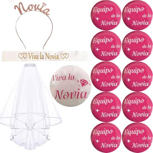 jenich 14 Pcs Set Despedida de Soltera Decoración Accessorios Despedida de Soltera Banda Viva la Novia Insignia Novia Broche Equipo de la Novia Velo Nupcial Diadema Tiara Bride to Be Adorno Hen Night