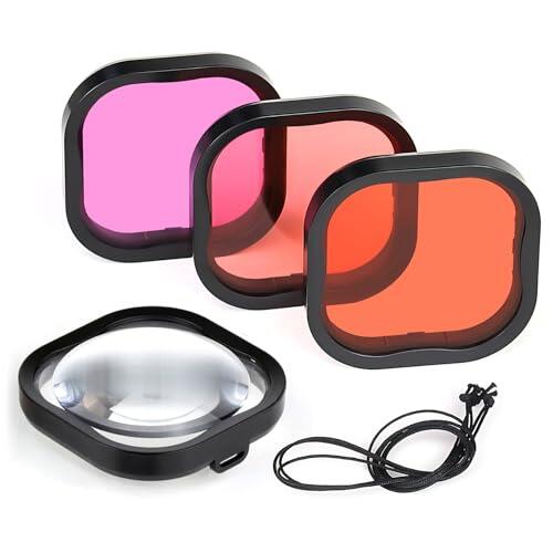 GEPULY 4 Pack Underwater Dive Filters for GoPro Hero 8 9 10 11 12 13 Black Official Waterproof Housing Case in Red, Light Red, Magenta, and 5X Close-up Filters for Underwater Color Correction