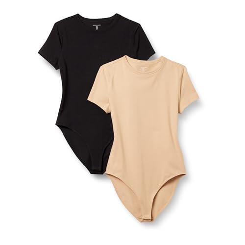 Amazon Essentials Body Tipo Camiseta de Corte Entallado en Punto de algodón elástico Mujer, Pack de 2, Camel Claro/Negro, M