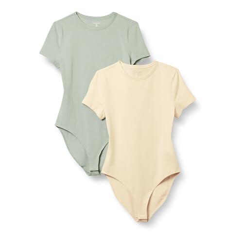 Amazon Essentials Body Tipo Camiseta de Corte Entallado en Punto de algodón elástico Mujer, Pack de 2, Beige/Verde Salvia Claro, M