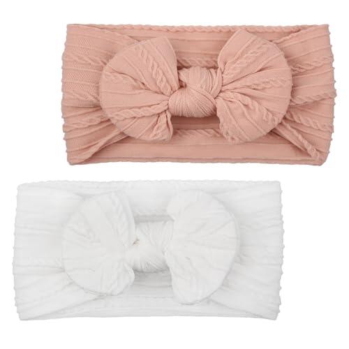 2 Piezas Diademas Bebe Niña,Elástica Diademas Bebe Niña,Blanca&Rosa